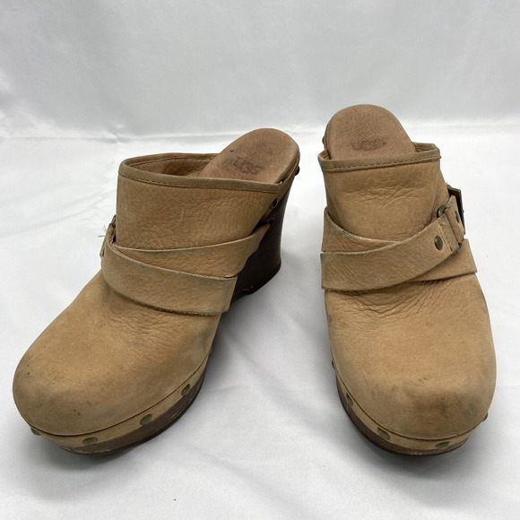 Ugg Size 6 Leather Boho Natalee Studded Wedge Slip-on Clogs Buckle 1001315 EU 37 - Picture 1 of 12